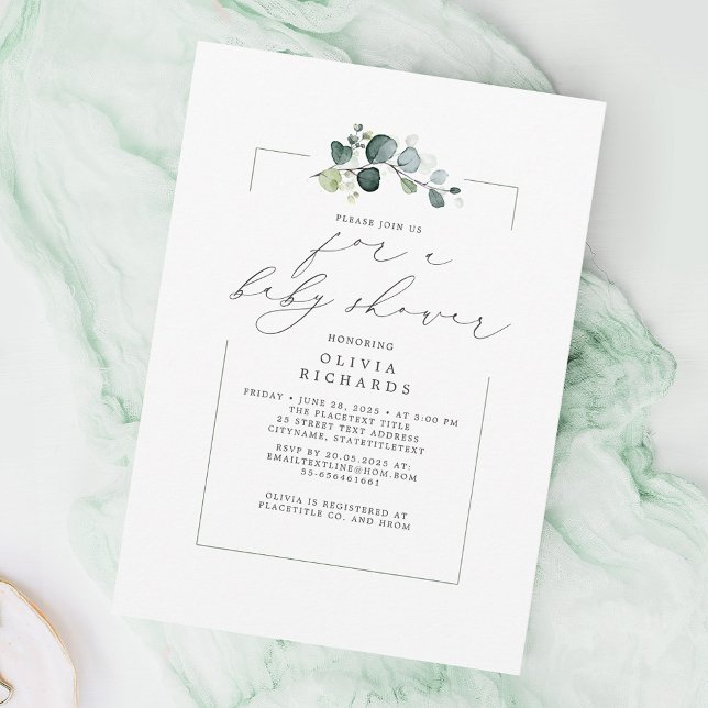 Minimalist Greenery Elegant Script Baby Shower Invitation (Creator Uploaded)