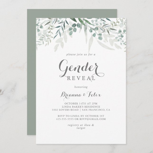 Minimalist Greenery Eucalyptus Gender Reveal Party Invitation (Front/Back)