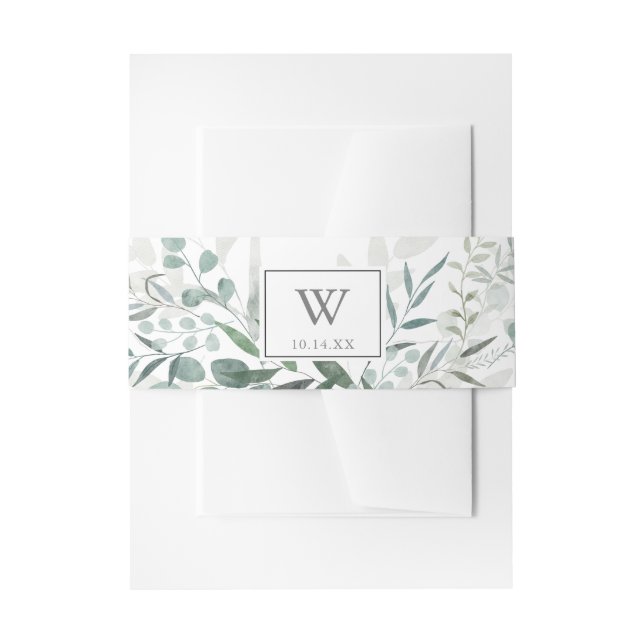 Minimalist Greenery Eucalyptus Monogram Wedding  Invitation Belly Band (Front Example)