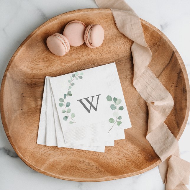  Minimalist Greenery Eucalyptus Monogram Wedding Napkin (Creator Uploaded)