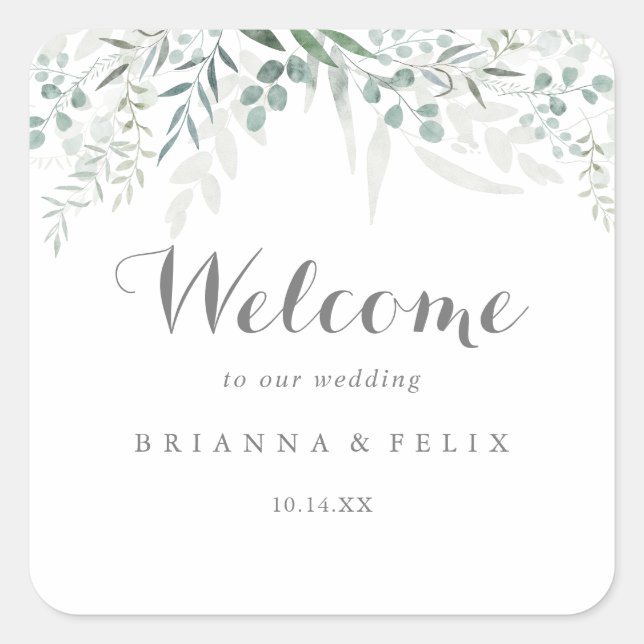 Minimalist Greenery Eucalyptus Wedding Welcome Square Sticker (Front)