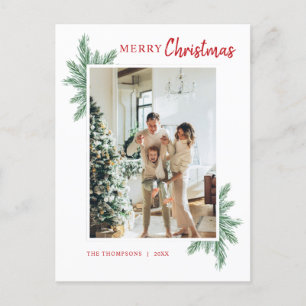 Minimalist Greenery Pine Photo Red Merry Christmas Postcard