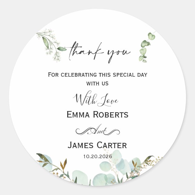 Minimalist Greenery Thank You Round Sticker (Front)