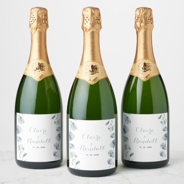 Minimalist Greenery White Wedding  Sparkling Wine Label (Bottles)