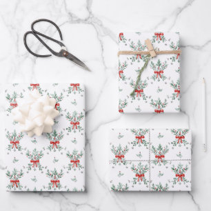 Minimalist Greenery with Red Ribbon Bow Christmas Wrapping Paper Sheet