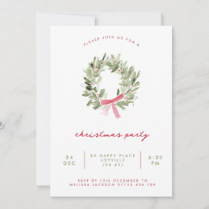 Minimalist Greenery Wreath & Bow Christmas Party Invitation