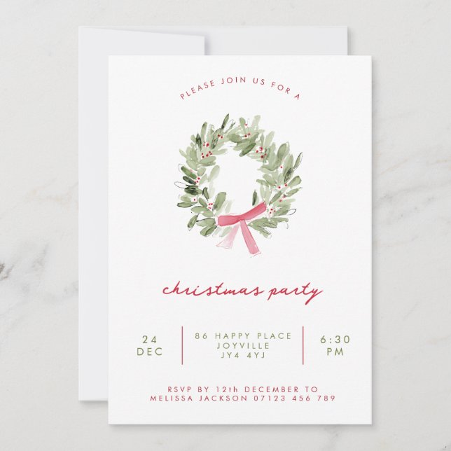 Minimalist Greenery Wreath & Bow Christmas Party Invitation (Front)