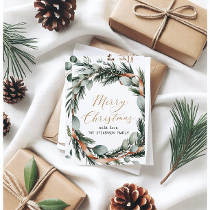 Minimalist Greenery Wreath Gold Script  Holiday Card