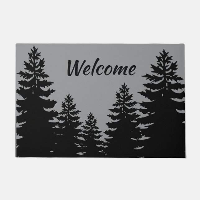 Minimalist grey and black  pine tree silhouette  a doormat (Front)