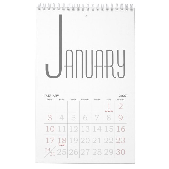 Minimalist Grey and white Calendar (Jan 2027)