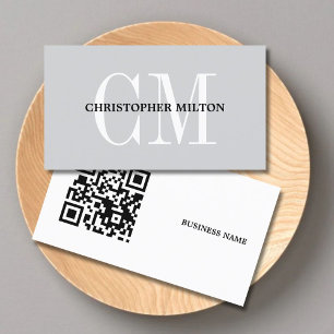Minimalist Grey Bold Monogram QR code Consultant Business Card