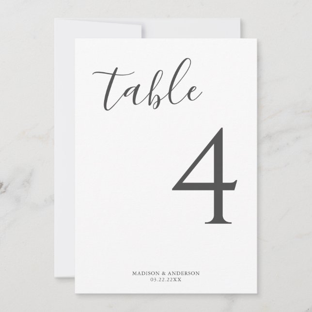 Minimalist Grey Calligraphy Wedding Table Number (Front)