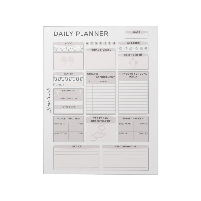 Minimalist Grey Daily Planner - Customisable Name Notepad (Rotated)
