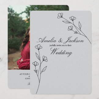 Minimalist Grey Floral Line Art Invitation