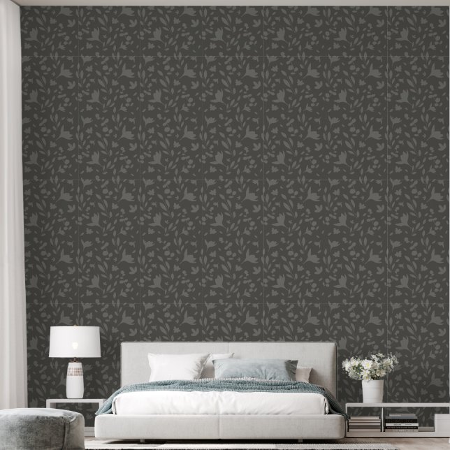 Minimalist Grey Flowing floral botanical sihouette Wallpaper (Bedroom)