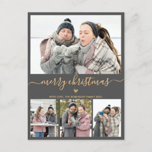 Minimalist Grey Gold 4 Photo Collage Christmas Postcard