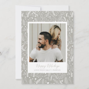 Minimalist Grey Holly Pattern Couple Photo Holiday Card