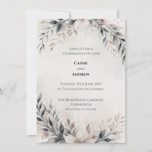 Minimalist Grey Leaf Wedding Invitation (Front)