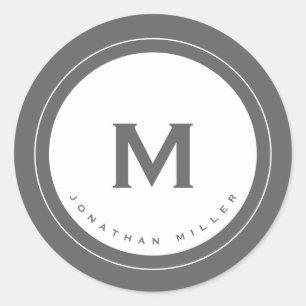 Minimalist Grey Monogram Medallion with Name Classic Round Sticker