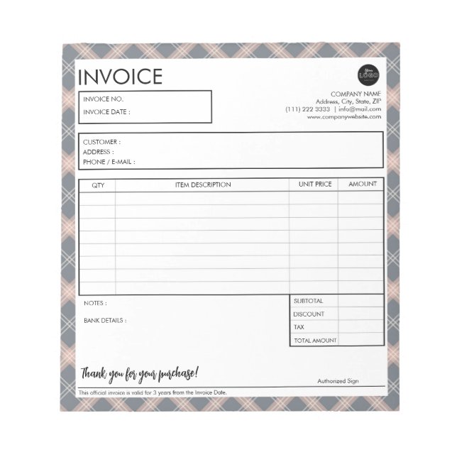 Minimalist Grey Plaid Border Invoice Template Notepad (Front)