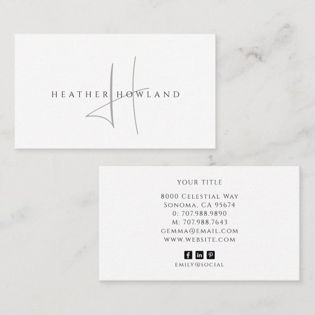 Minimalist Grey Script Monogram Name  Business Card (Front/Back)