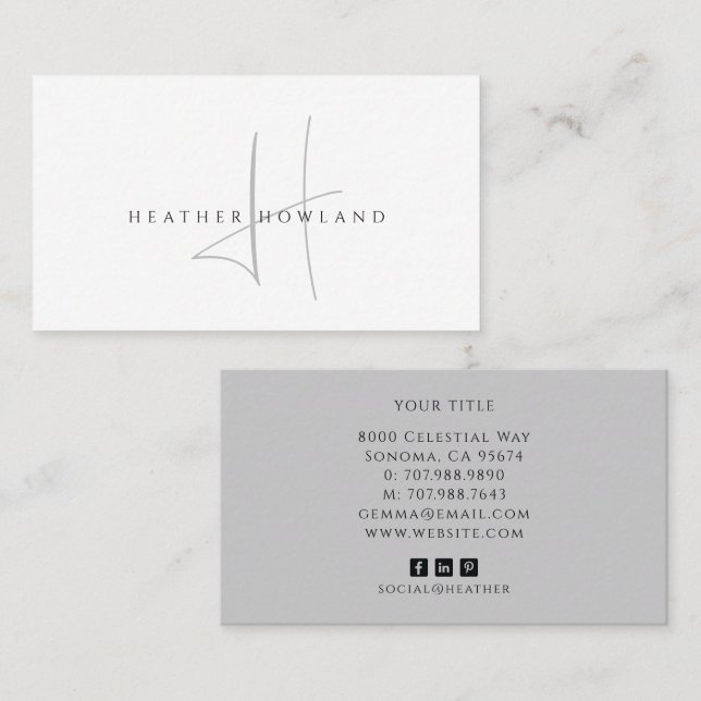 Minimalist Grey Script Monogram Name   Business Card (Front/Back)