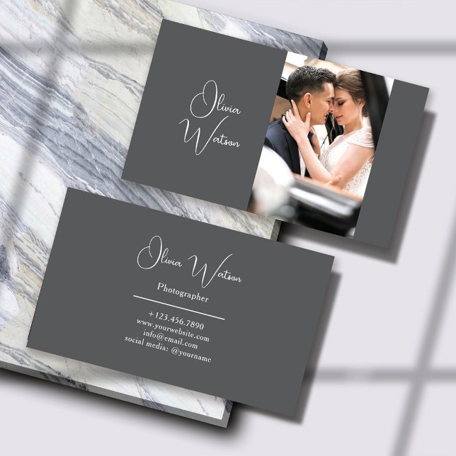 Minimalist Grey Script Professional Photographer Business Card (Creator Uploaded)