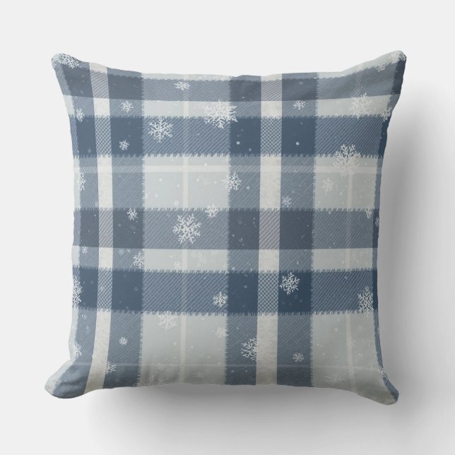 Minimalist Grey & Silver Snowflake Plaid Cushion (Front)