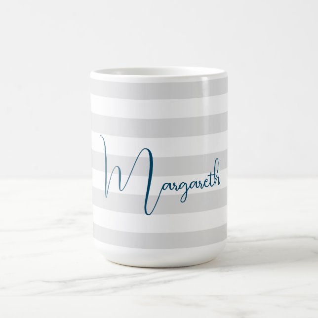 Minimalist Grey Stripes Blue Name Coffee Mug (Center)