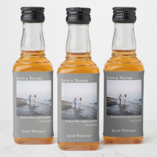 Minimalist Grey Wedding Photo Love & Thanks Mini Liquor Bottle Label