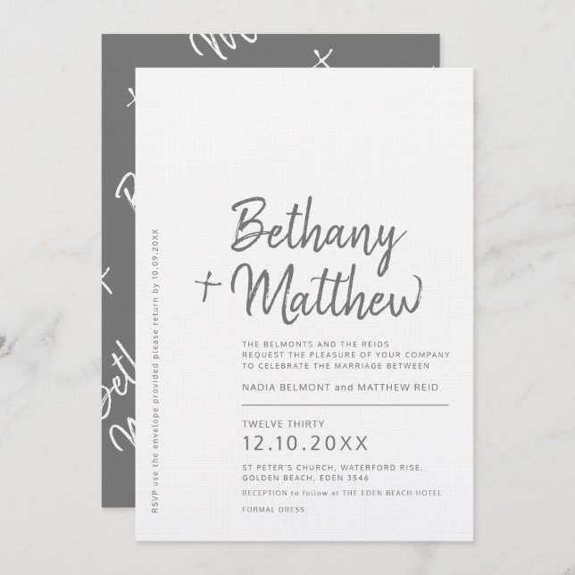 Minimalist grey white calligraphy script wedding invitation (Front/Back)