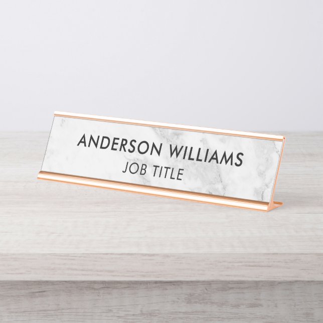 Minimalist Grey White Marble Custom Desk Name Plate (Front)