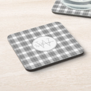 Minimalist Grey & White Plaid Monogram Coaster