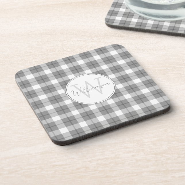 Minimalist Grey & White Plaid Monogram Coaster (Left Side)