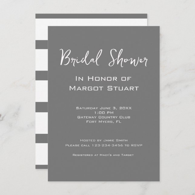 Minimalist Grey White Script Striped Bridal Shower Invitation (Front/Back)
