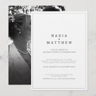 Minimalist grey white vertical text photo wedding invitation