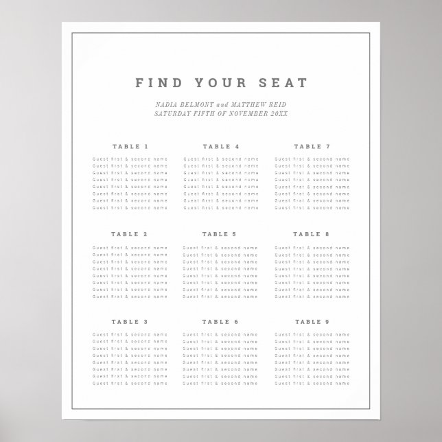 Minimalist grey white wedding seating chart plan (Front)