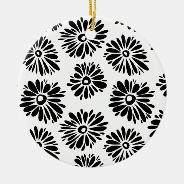 Minimalist Groovy Black and White Daisy Flowers Ceramic Tree Decoration (Front)