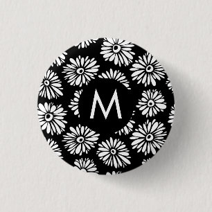 Minimalist Groovy Black and White Daisy Monogram 3 Cm Round Badge