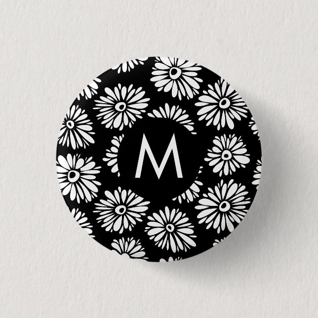 Minimalist Groovy Black and White Daisy Monogram 3 Cm Round Badge (Front)