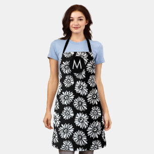 Minimalist Groovy Black and White Daisy Monogram Apron