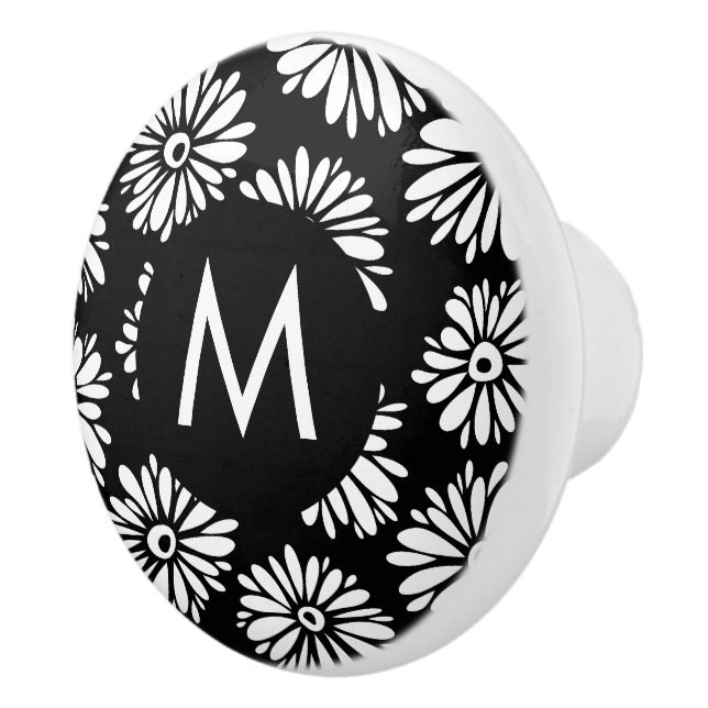 Minimalist Groovy Black and White Daisy Monogram Ceramic Knob (Right)