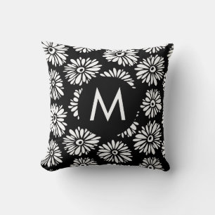 Minimalist Groovy Black and White Daisy Monogram Cushion