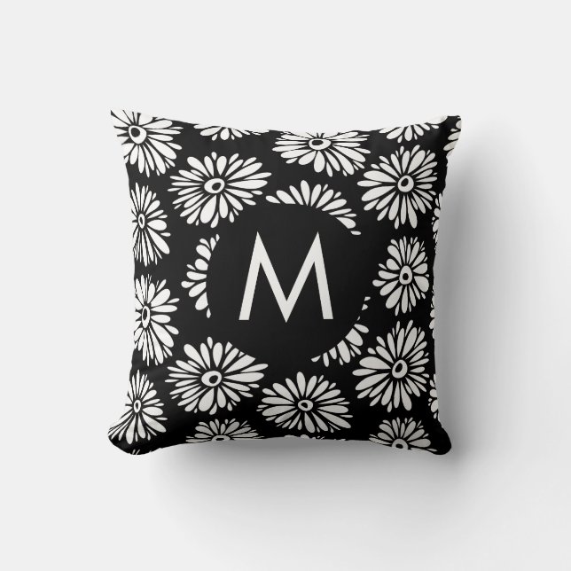 Minimalist Groovy Black and White Daisy Monogram Cushion (Front)