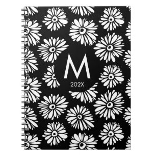 Minimalist Groovy Black and White Daisy Monogram Notebook