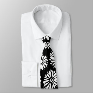 Minimalist Groovy Black and White Daisy Pattern Tie