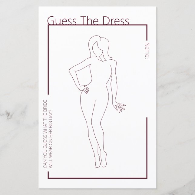 Minimalist Guess the Dress Bridal Shower Game (Front)