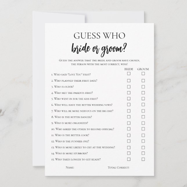 Minimalist Guess Who Bride or Groom Game Card (Front)