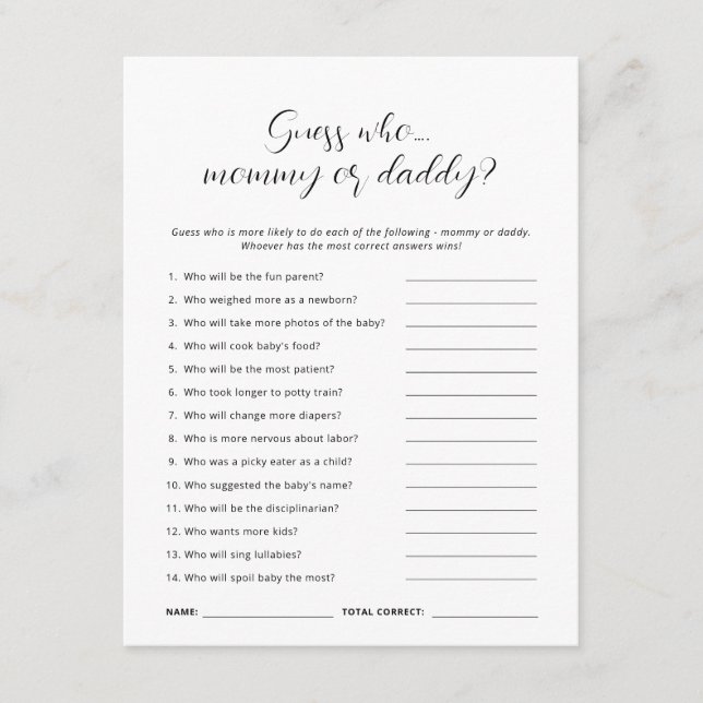 Minimalist Guess Who Mum Dad Baby Shower Game Card (Front)