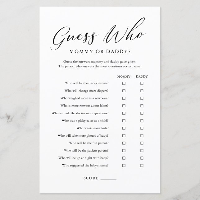 Minimalist Guess Who Mummy or Daddy Game (Front)